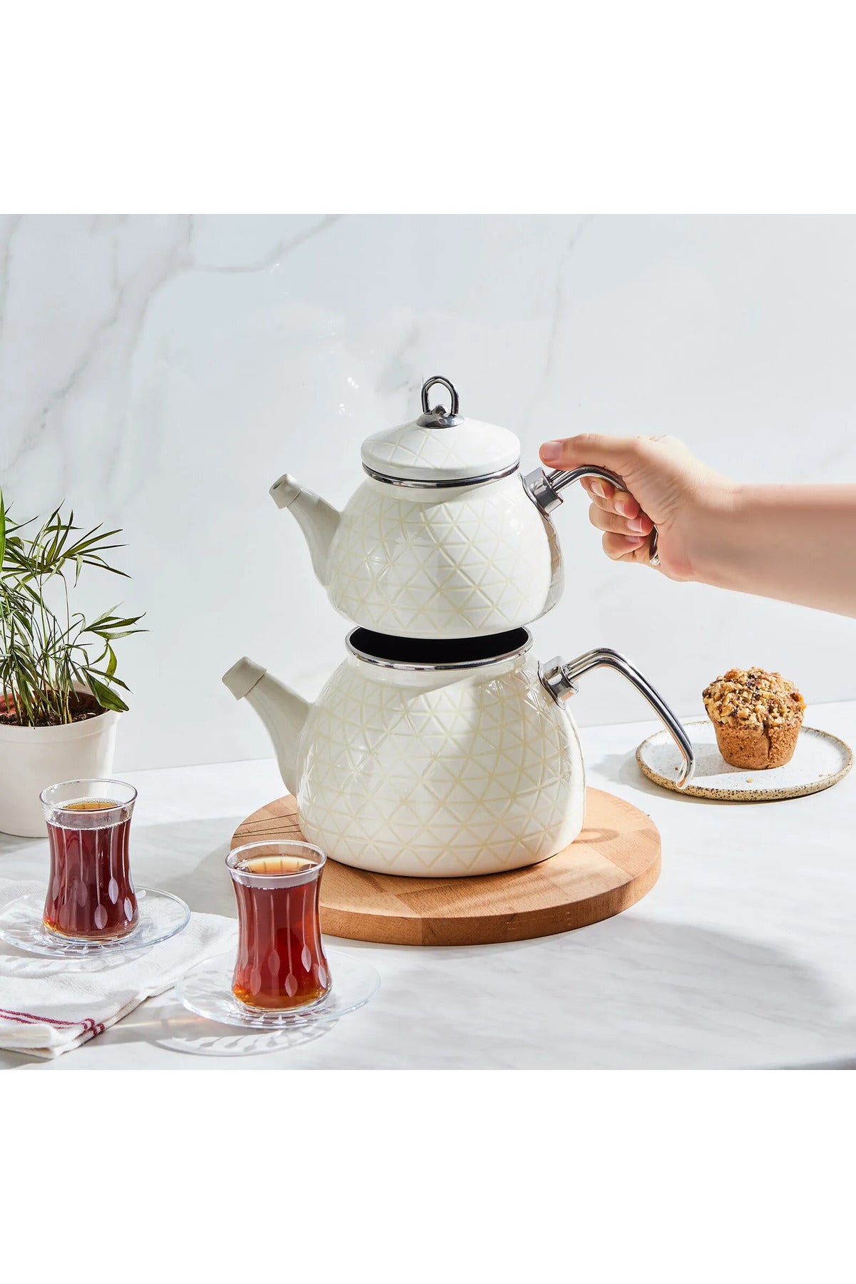 Karaca Crystal Cream induction Base Enamel Midi Teapot Set - MALLTURK