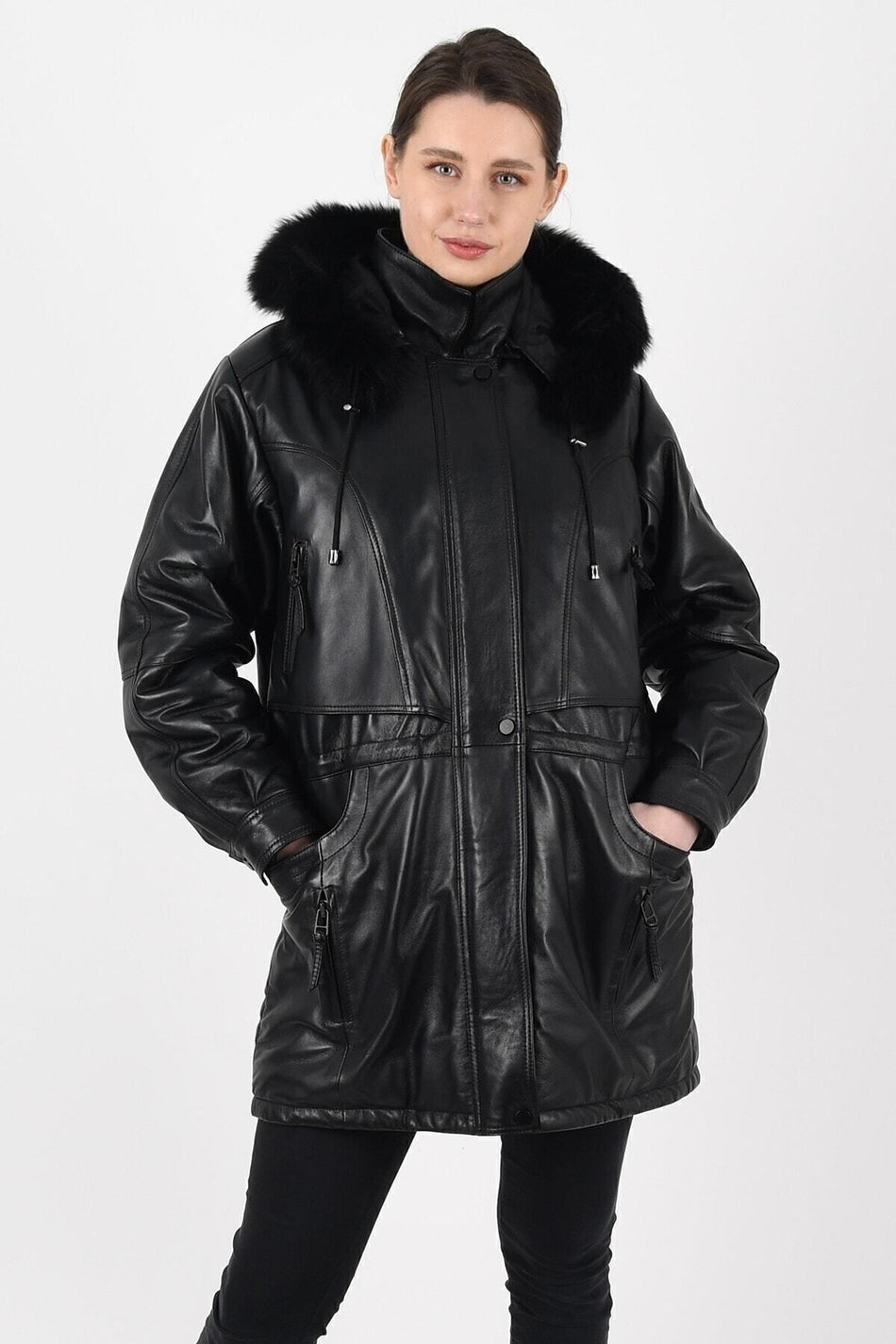 ALIN Bridget Women's Genuine Leather Hooded Fur-Lined Leather Coat Black
