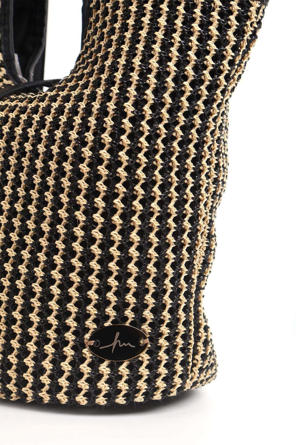 Hasema Leather Detail Black Beige Woven Straw Beach Bag 1301