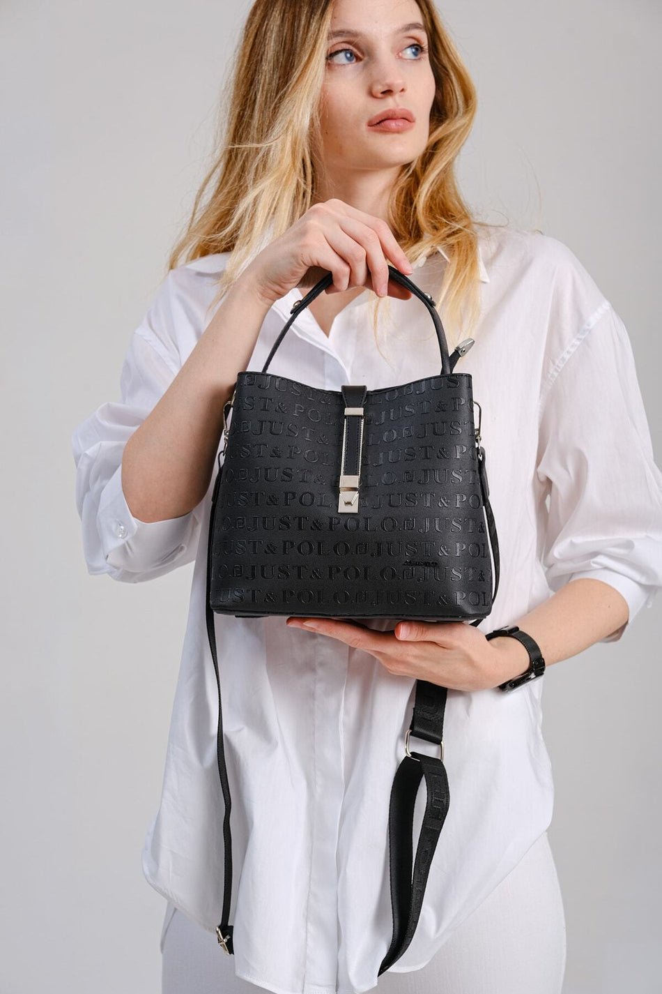 Just Polo Women's Embossed Print Vegan Shoulder and Handbag with Lock Detail JPM4002 Black - MALLTURK