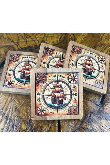 Cini Evi Piri Reis Patterned Wooden Coaster Set - MALLTURK