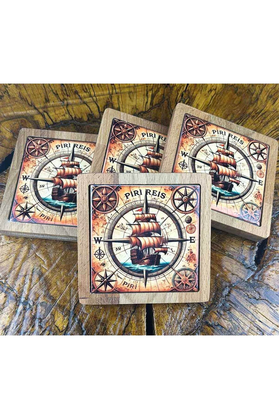 Cini Evi Piri Reis Patterned Wooden Coaster Set - MALLTURK