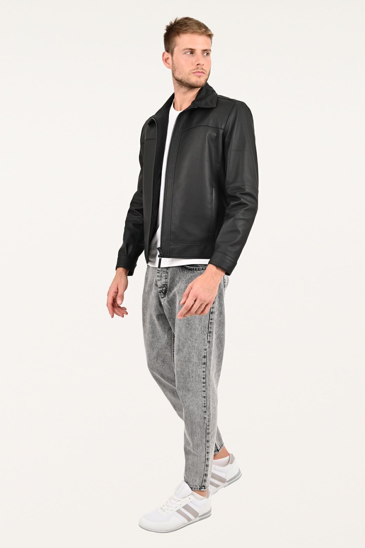 ALIN Leo Men's Genuine Leather Casual Jacket Black - MALLTURK