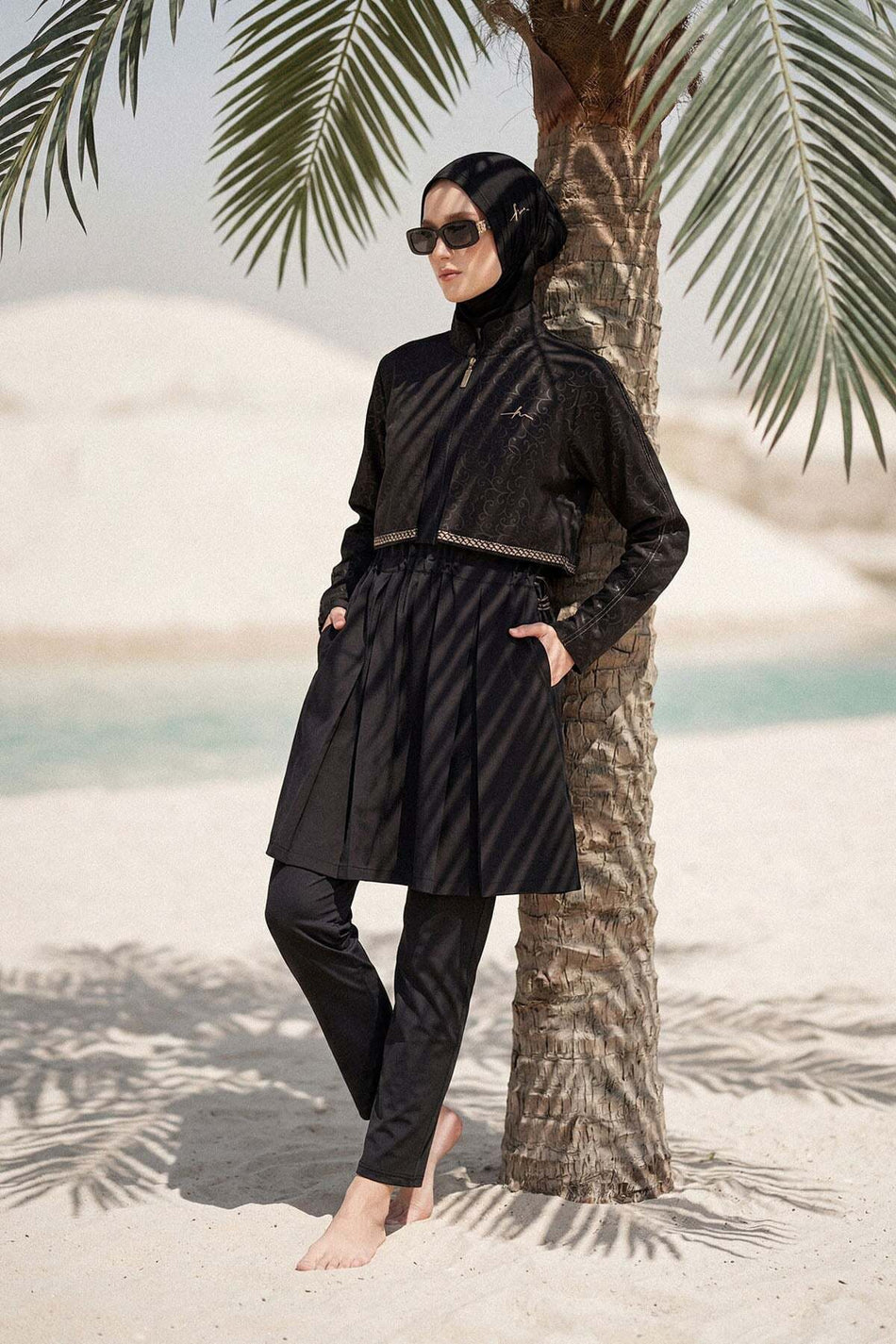 Hasema Vaha Collection Textured Fabric Embroidered Black 5-Piece Full Coverage Swimsuit Set 5087 - MALLTURK