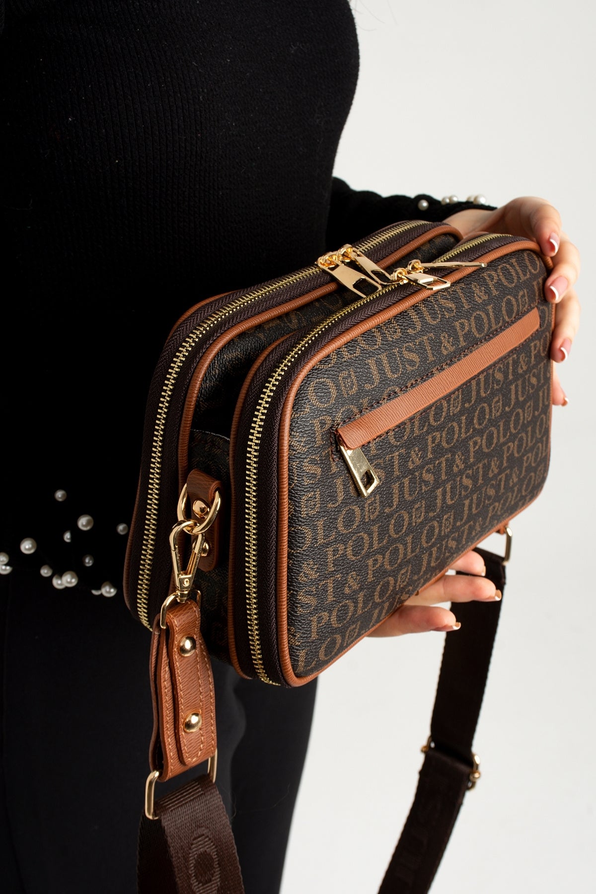 Just Polo Brown Original Women's New Season 5-Compartment Luxury Soft Leather Adjustable Crossbody Shoulder Bag - MALLTURK
