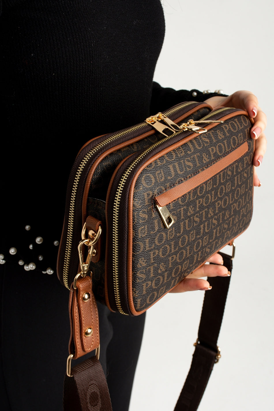 Just Polo Brown Original Women's New Season 5-Compartment Luxury Soft Leather Adjustable Crossbody Shoulder Bag - MALLTURK