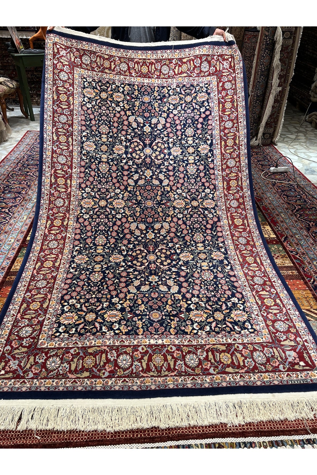 RD RAMAZAN DAG Hand Rug Art Hand-Woven Hereke Rug Signed Seven Mountains Flower Design Size 253x151 - MALLTURK
