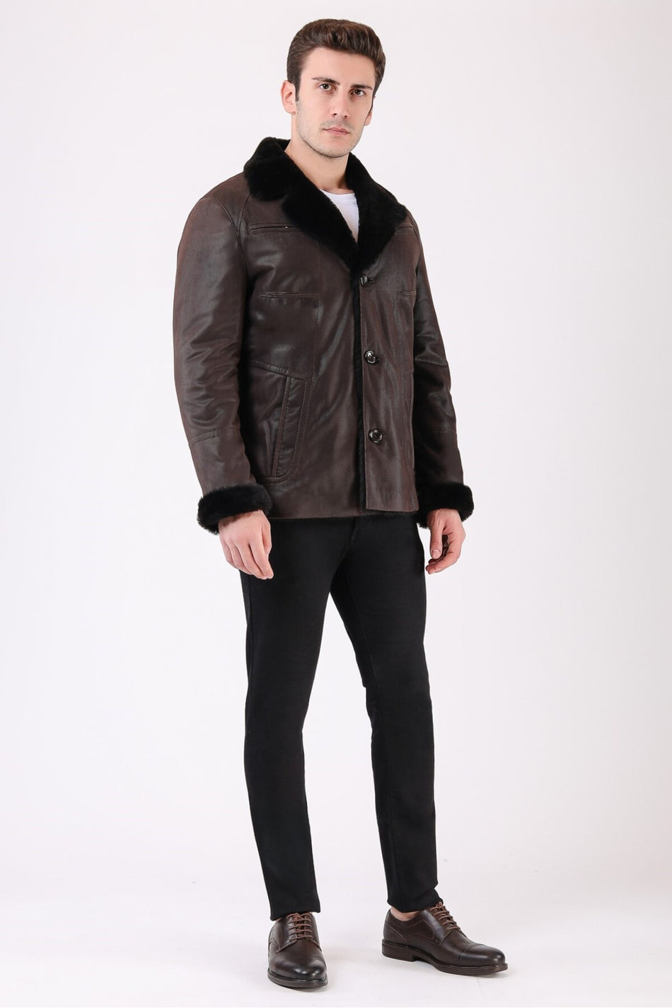 Leather Club Cappotto in vera pelle marrone con fodera in pelliccia
