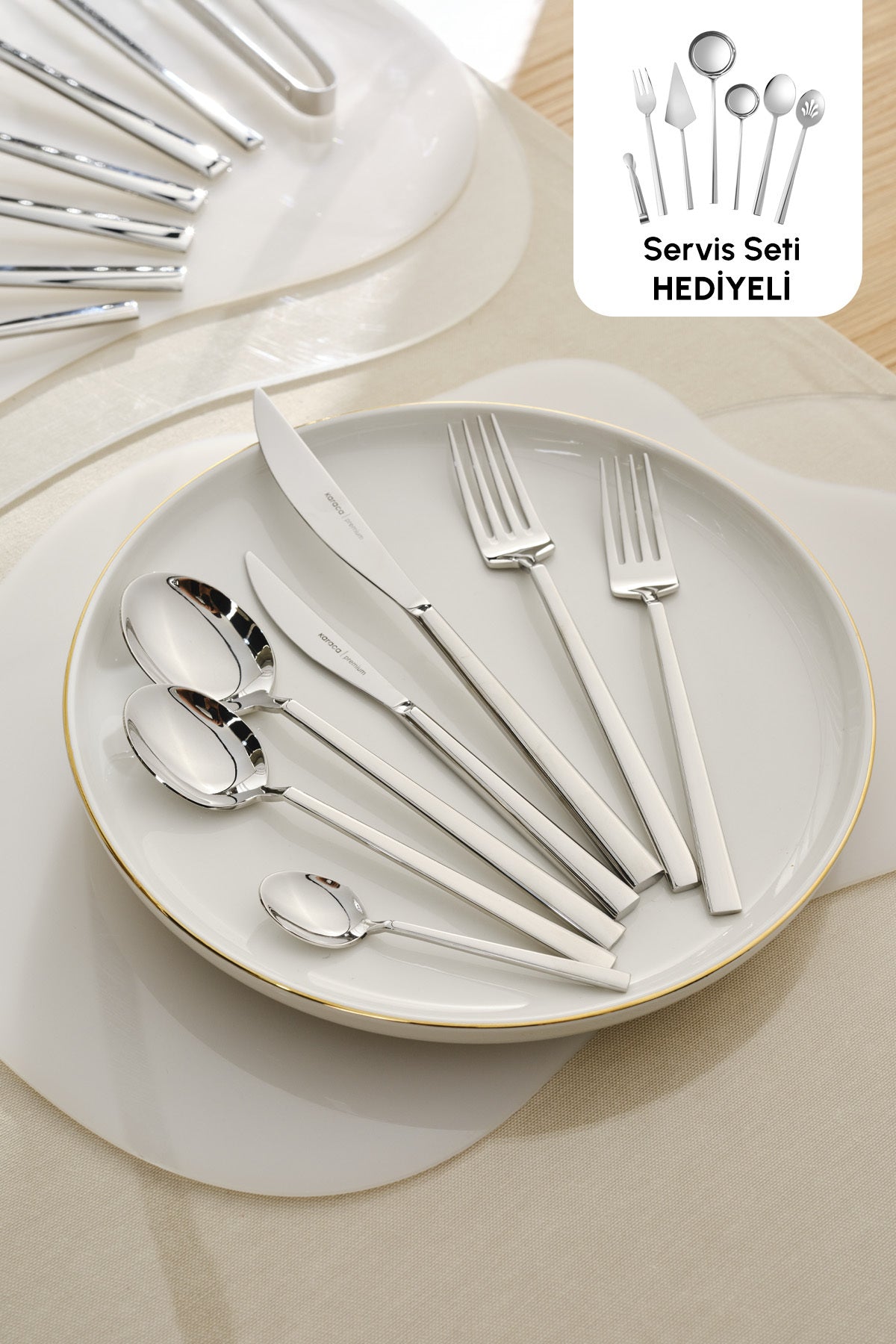 Karaca carmelo 91 Piece 12 Place Setting Flatware Set ve 7 Piece Serving Utensil Set - MALLTURK