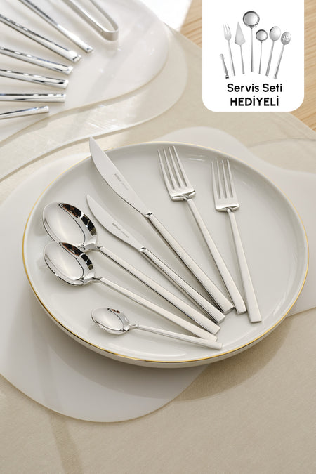Karaca carmelo 91 Piece 12 Place Setting Flatware Set ve 7 Piece Serving Utensil Set - MALLTURK