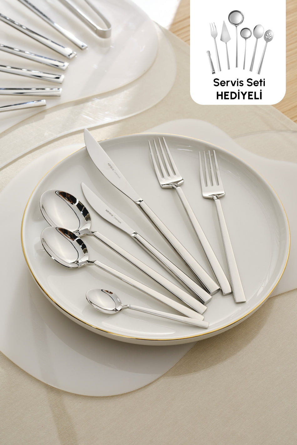 Karaca carmelo 91 Piece 12 Place Setting Flatware Set ve 7 Piece Serving Utensil Set - MALLTURK