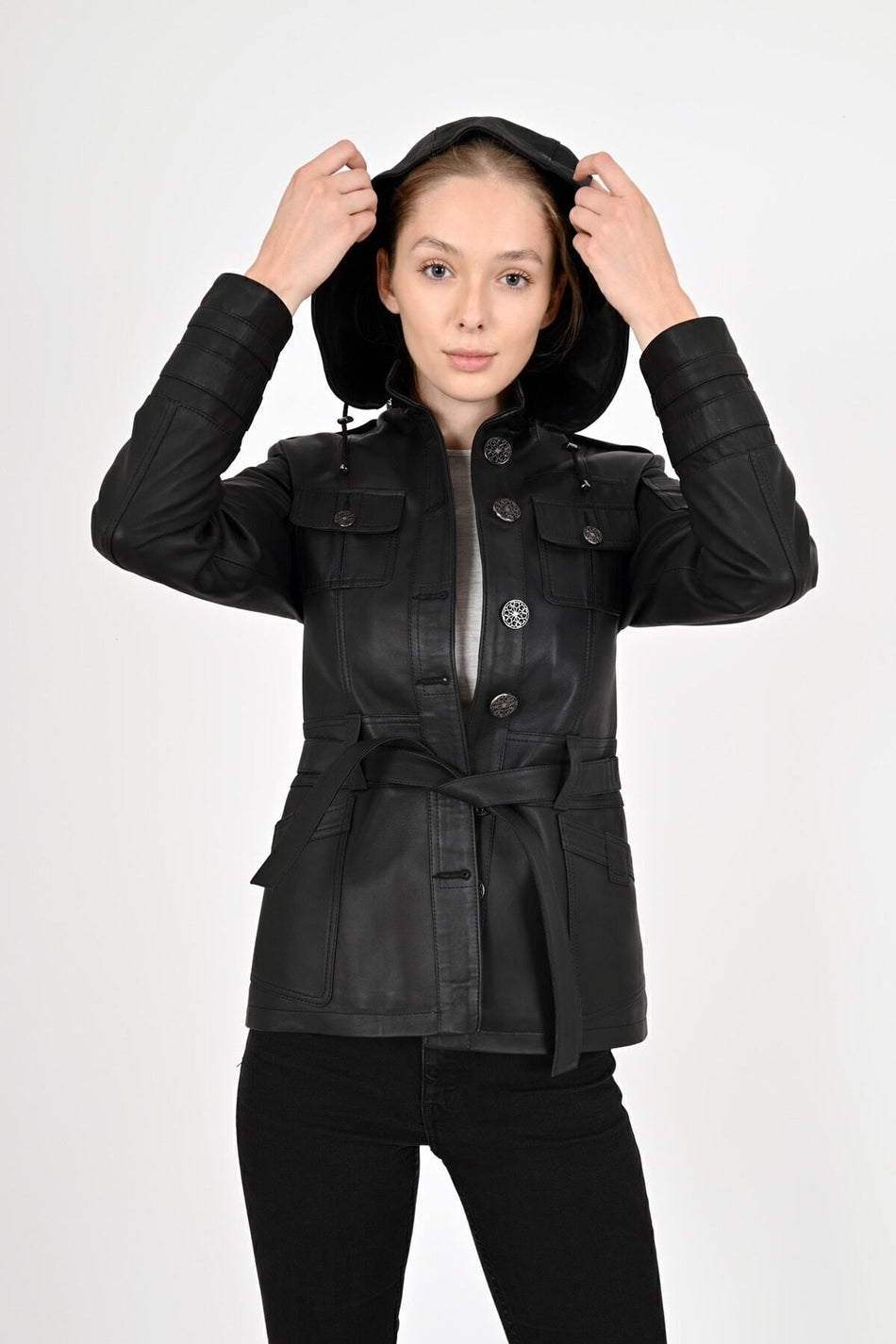 ALIN Sansa Women's Genuine Leather Hooded Belted Leather Jacket Black