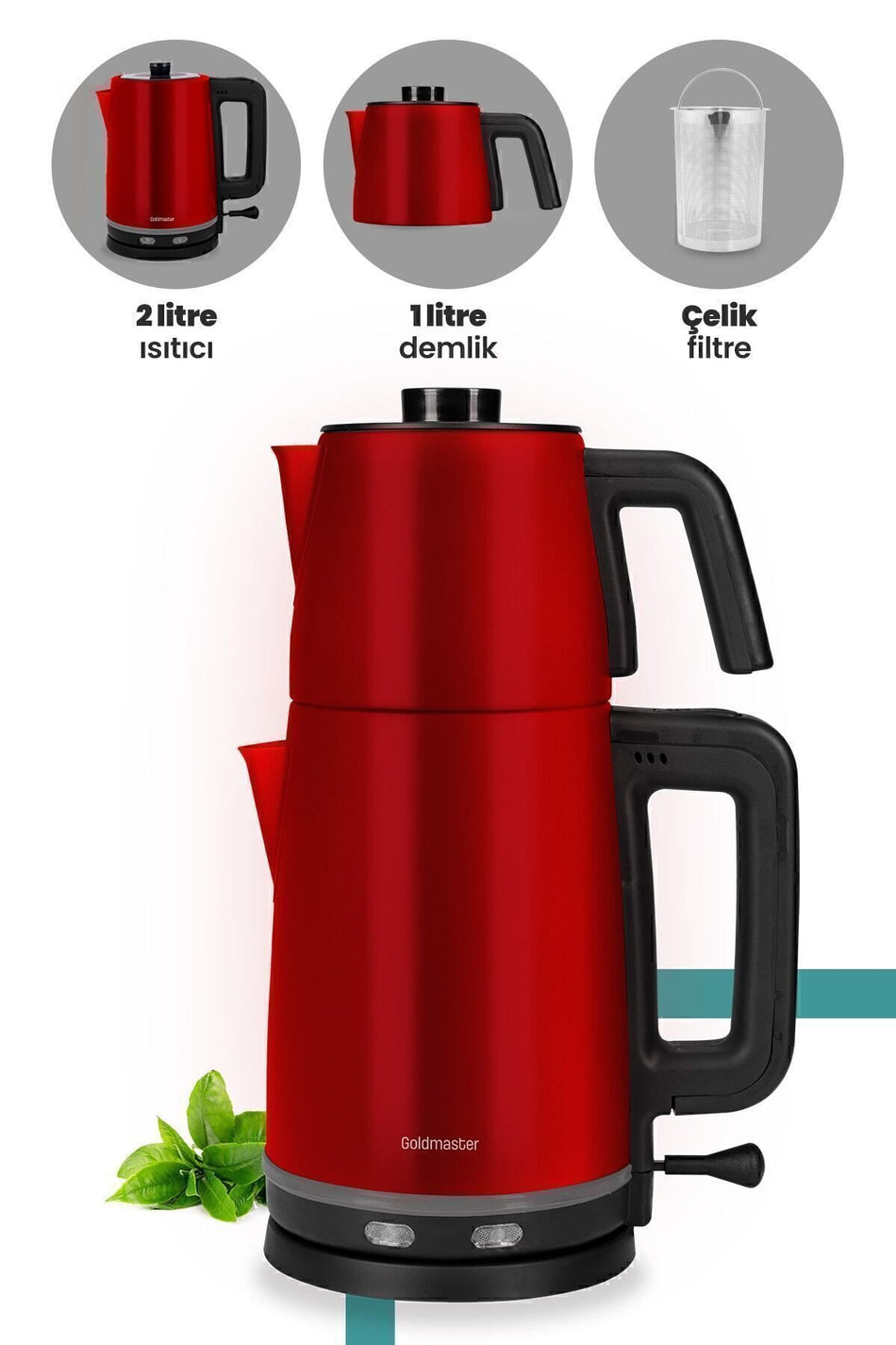 GoldMaster Selvi Red 2200 Watt Dual Heater Stainless Steel Tea Maker and Water Kettle - MALLTURK