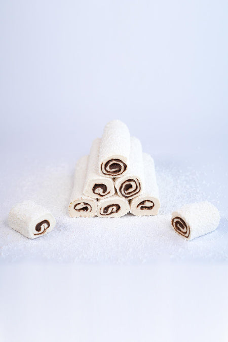LOKUMCU mehmet efendi tatli bir hikaye Coconut vanilyali Chocolate Rolled Turkish Delight 500 g - MALLTURK