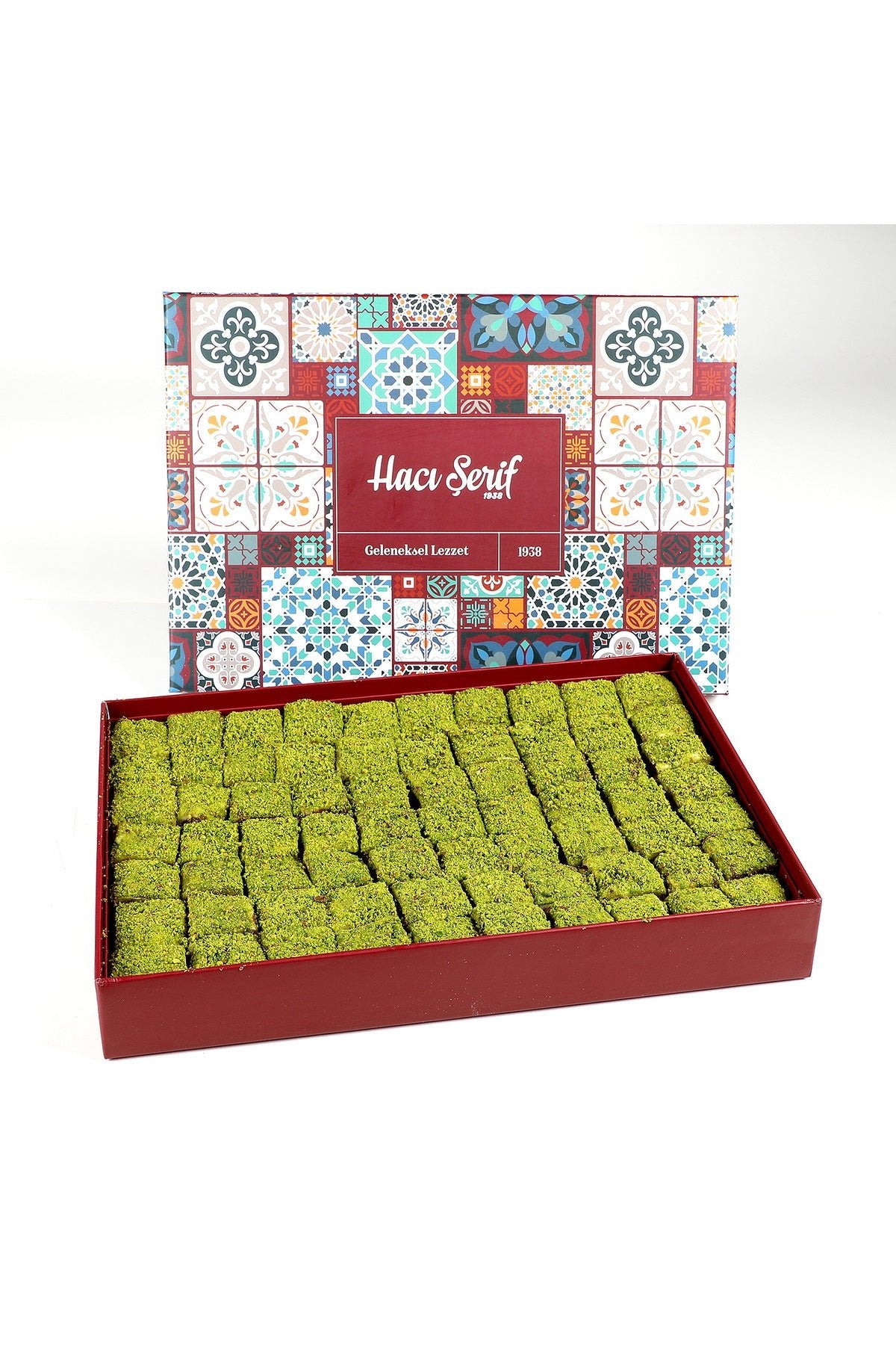 Haci serif ici disi Pistachio Chocolate bohca Turkish Delight motif desenli kutu - MALLTURK