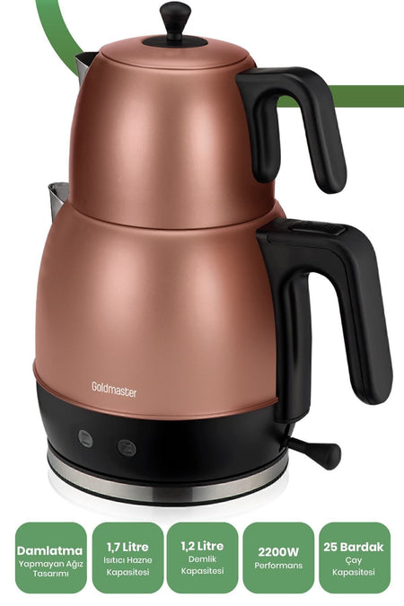 GoldMaster Fulya Gold 30-Cup Large Capacity 2200 Watt Stainless Steel Tea Maker and Water Kettle - MALLTURK