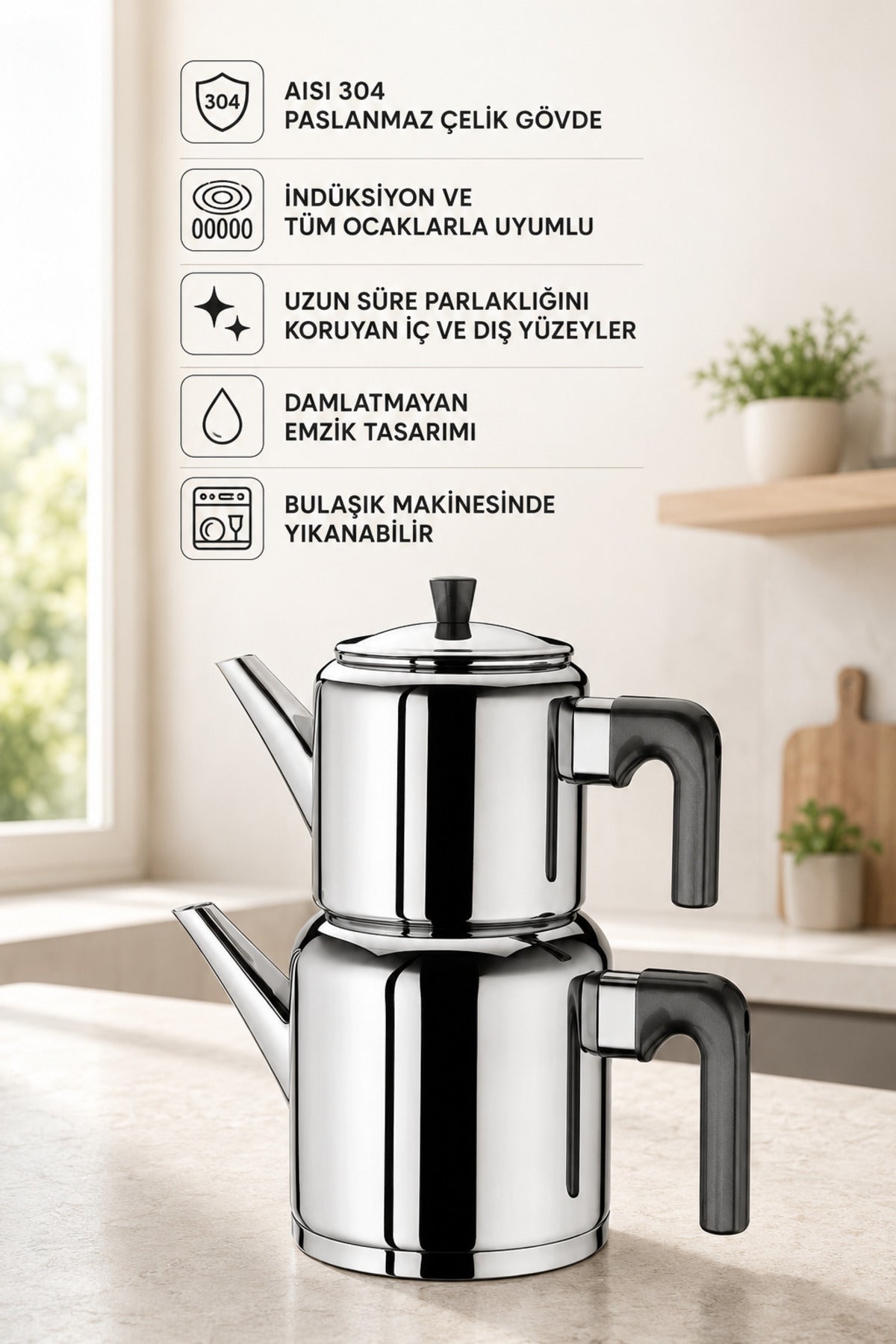 Aryildiz Roma Soft Black Large Stainless Steel Teapot Set - MALLTURK