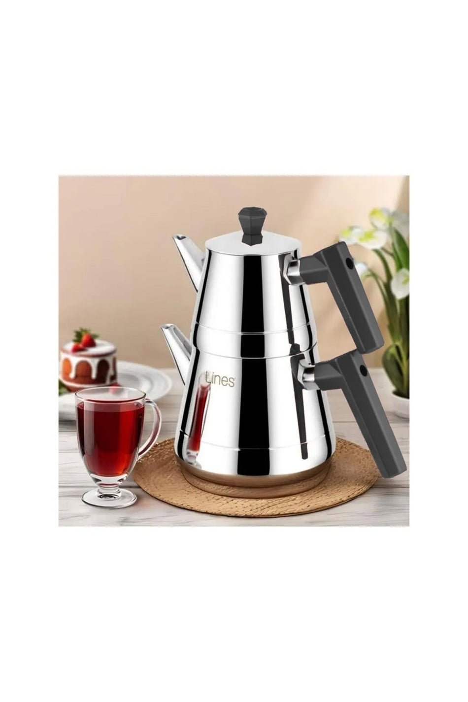 Lines Yonca L-3064 Pyramid Medium Size Stainless Steel Teapot Bakelite Black - MALLTURK