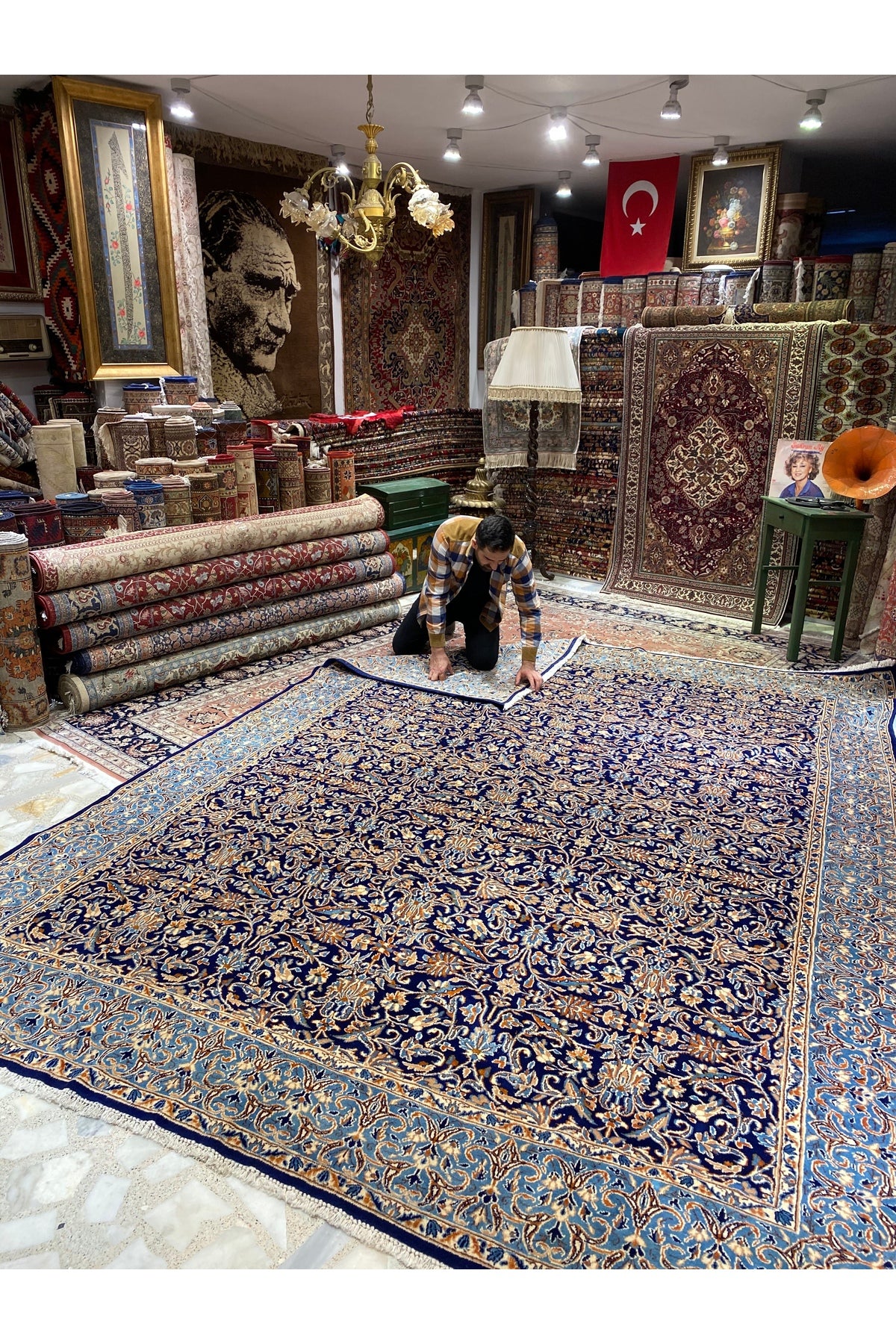 RD RAMAZAN DAG Hand Rug Art Hand-Woven Iranian Kirman Rug Cotton Base Wool Weave Olup Natural Dye Size 355x267 - MALLTURK