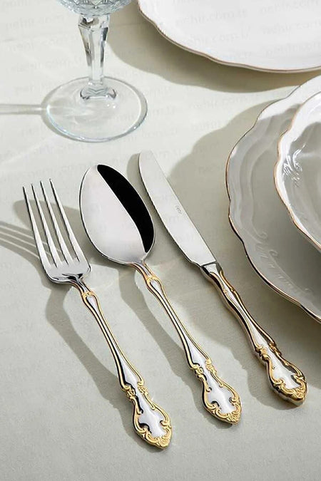 Nehir adriana altin Plain 12 Place Setting 89 Piece deri Boxed Flatware Set - MALLTURK