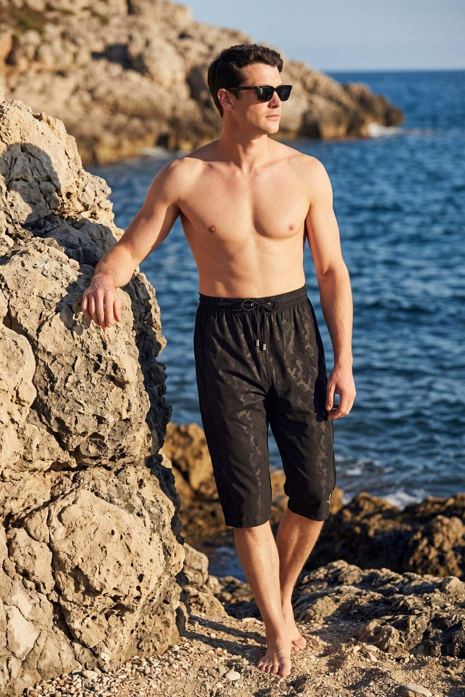 Hasema Camouflage Patterned Mesh Detail Black Long Men's Pool and Beach Shorts 6009