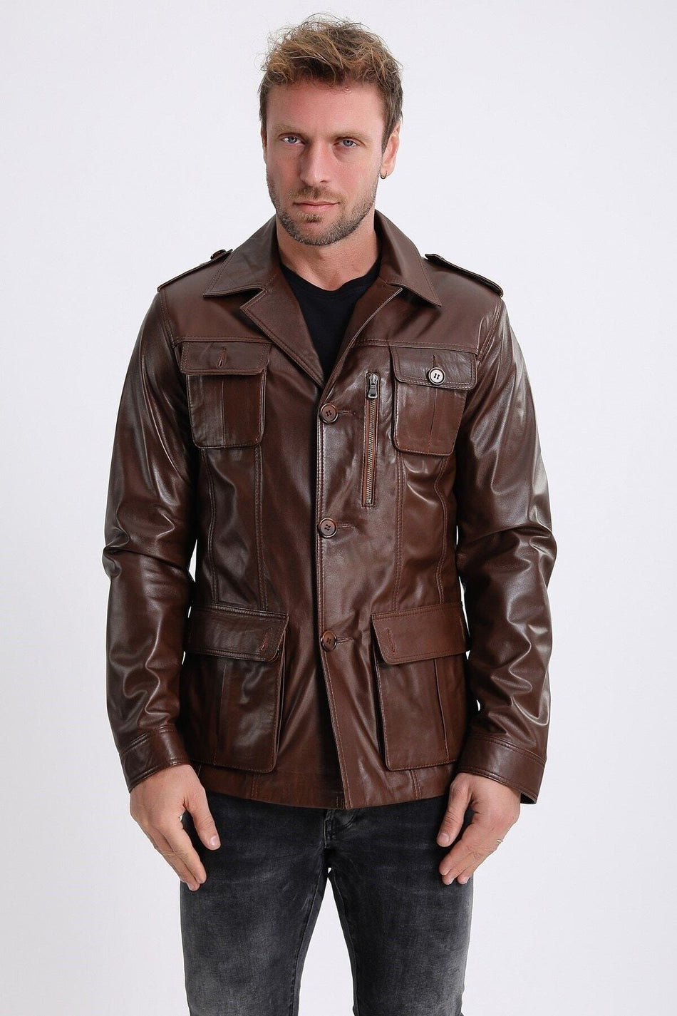 Veste de commandant en cuir végétal couleur café Leather Club