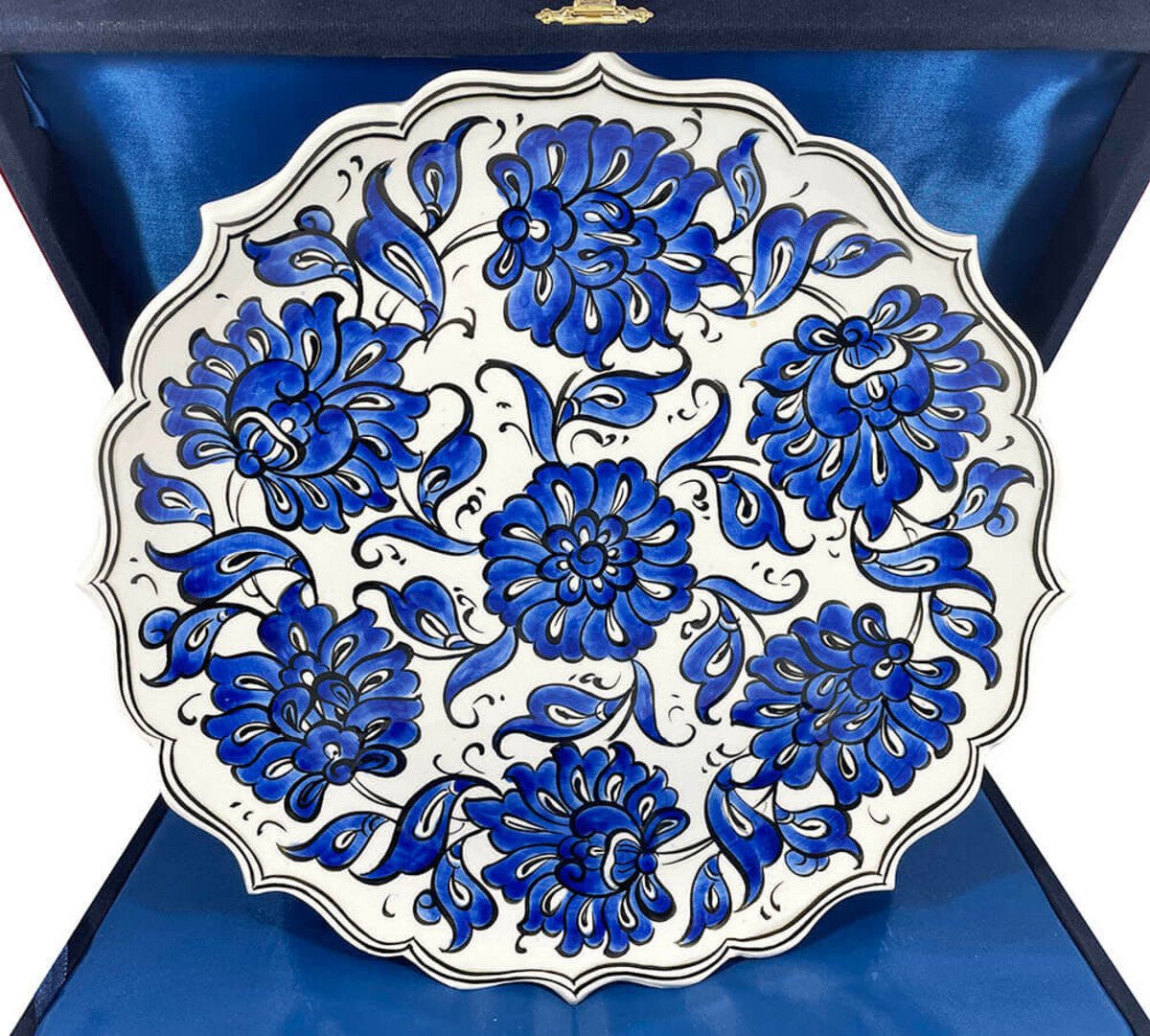 Cini Evi Blue White Lotus Patterned Iznik Tile Plate - MALLTURK
