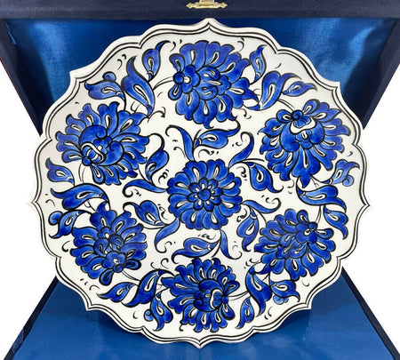 Cini Evi Blue White Lotus Patterned Iznik Tile Plate - MALLTURK