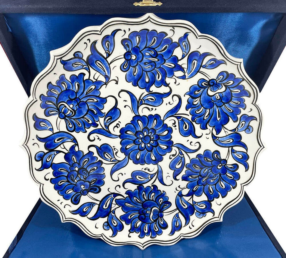 Cini Evi Blue White Lotus Patterned Iznik Tile Plate - MALLTURK