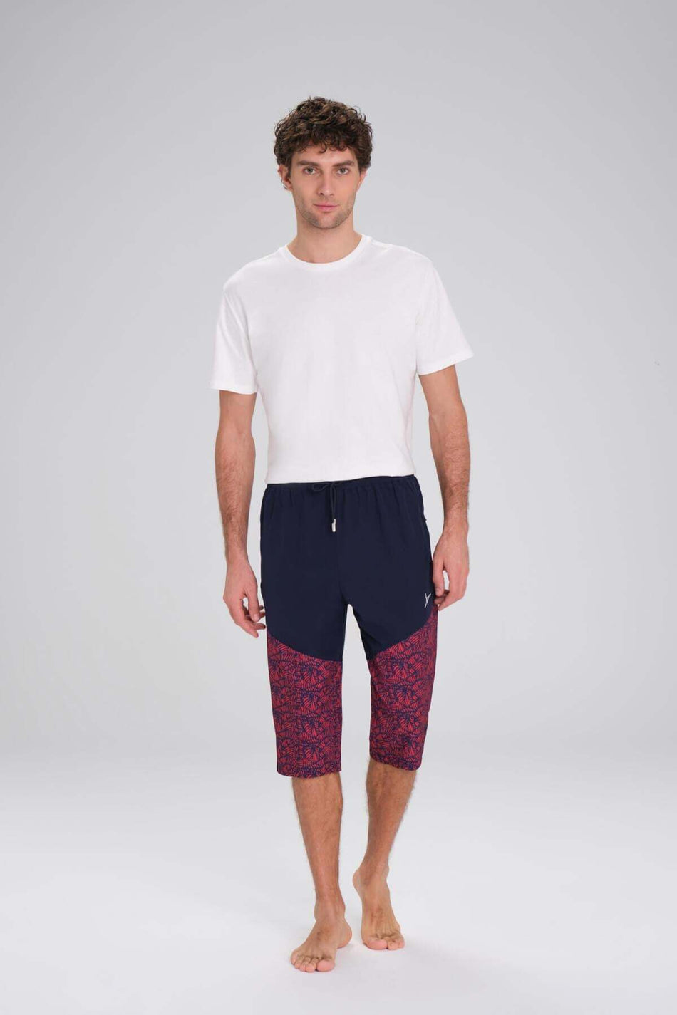 Men's Navy Blue and Red Long Swim Shorts with Patterned Swimsuit 245