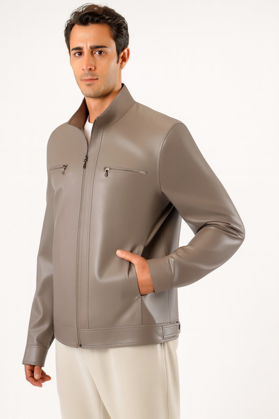 Chaqueta de cuero genuino beige Leather Club