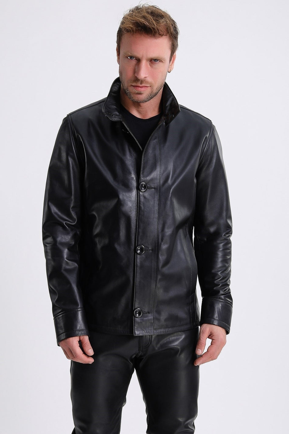 Chaqueta de cuero negra con detalles de botones Leather Club