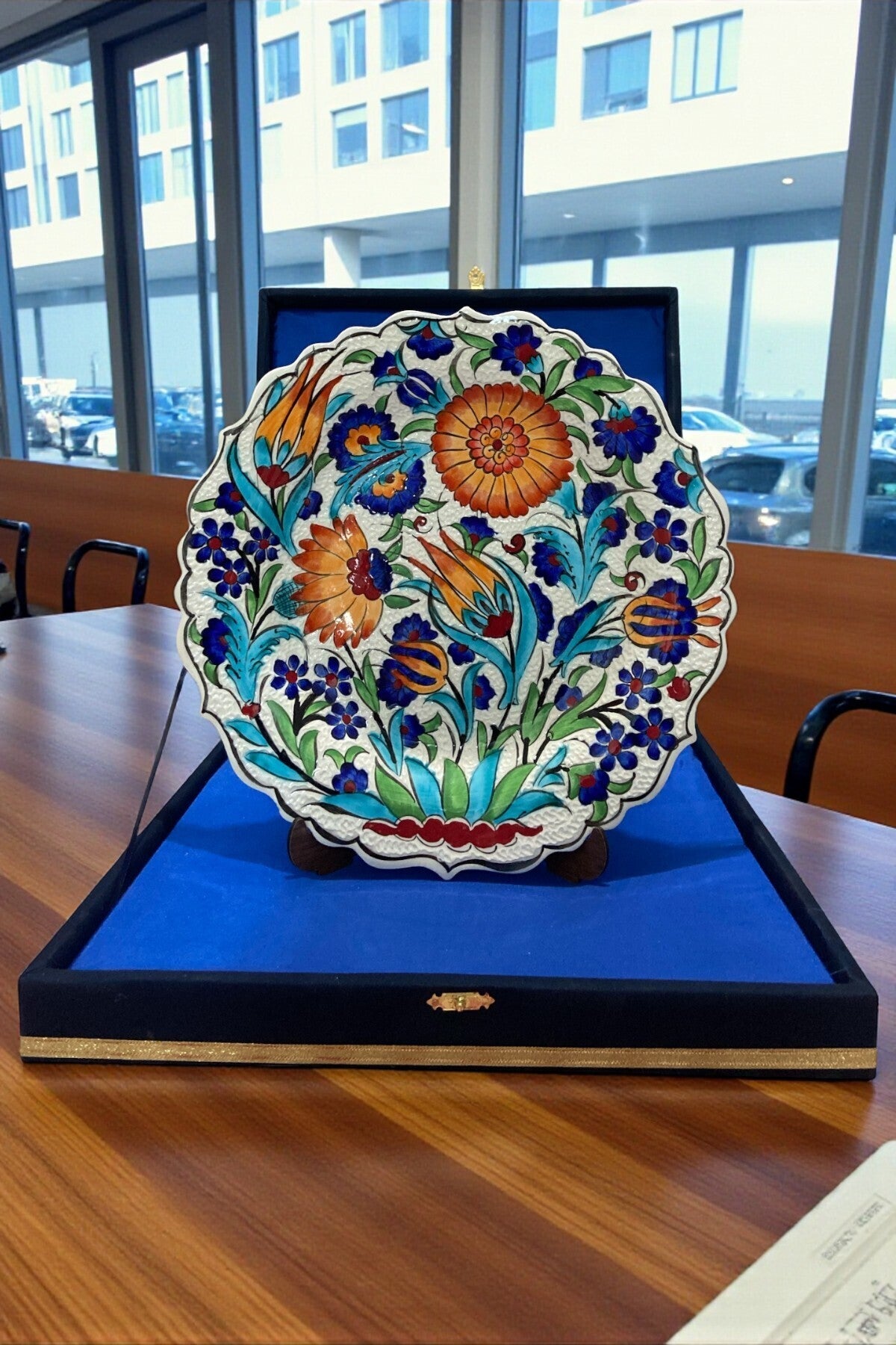 YOOS Velvet Gift Box 30 cm Special Sable Craftsmanship Kutahya Tile Turuncu - Navy Tile Plate - MALLTURK