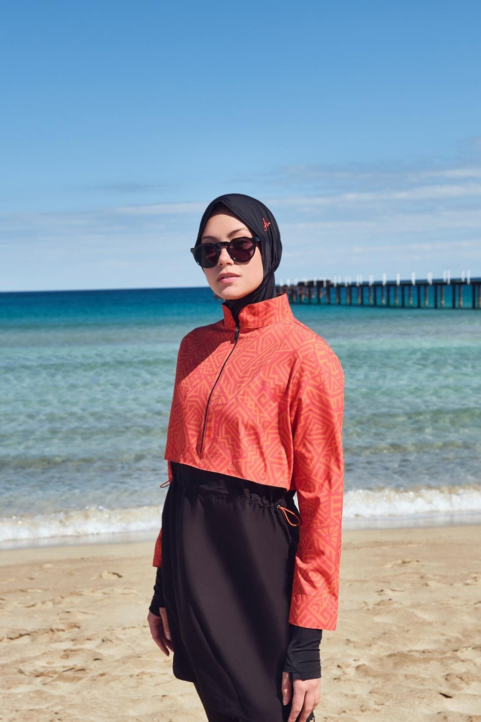 Hasema Esila Orange and Black Sleeveless Full Coverage Swimsuit Top - MALLTURK