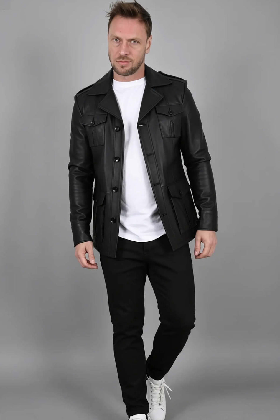 ALIN Harrison Men's Genuine Leather Safari Leather Jacket Black