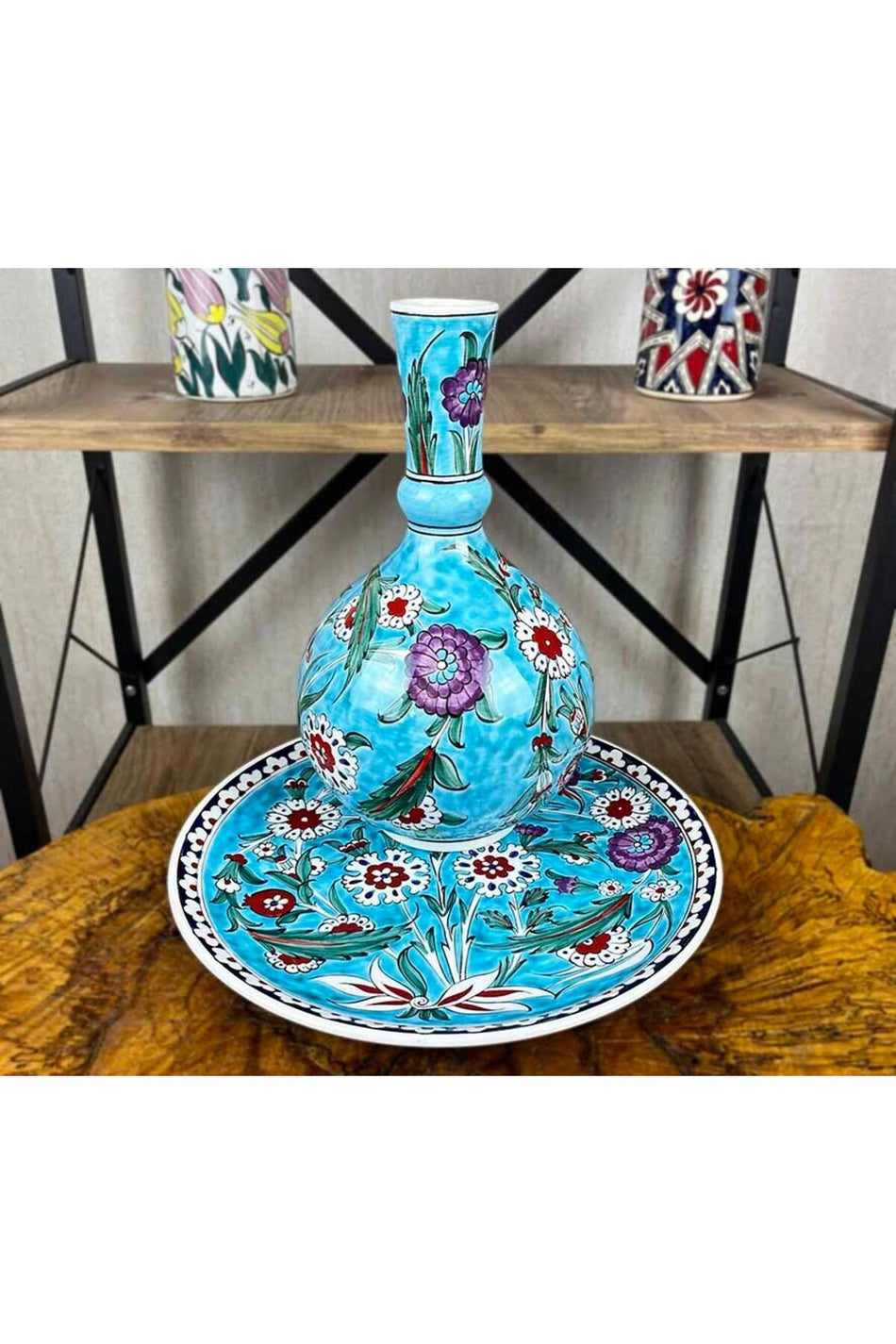 Cini Evi Turquoise Flower Garden – Iznik Tile Vase and Plate Set - MALLTURK