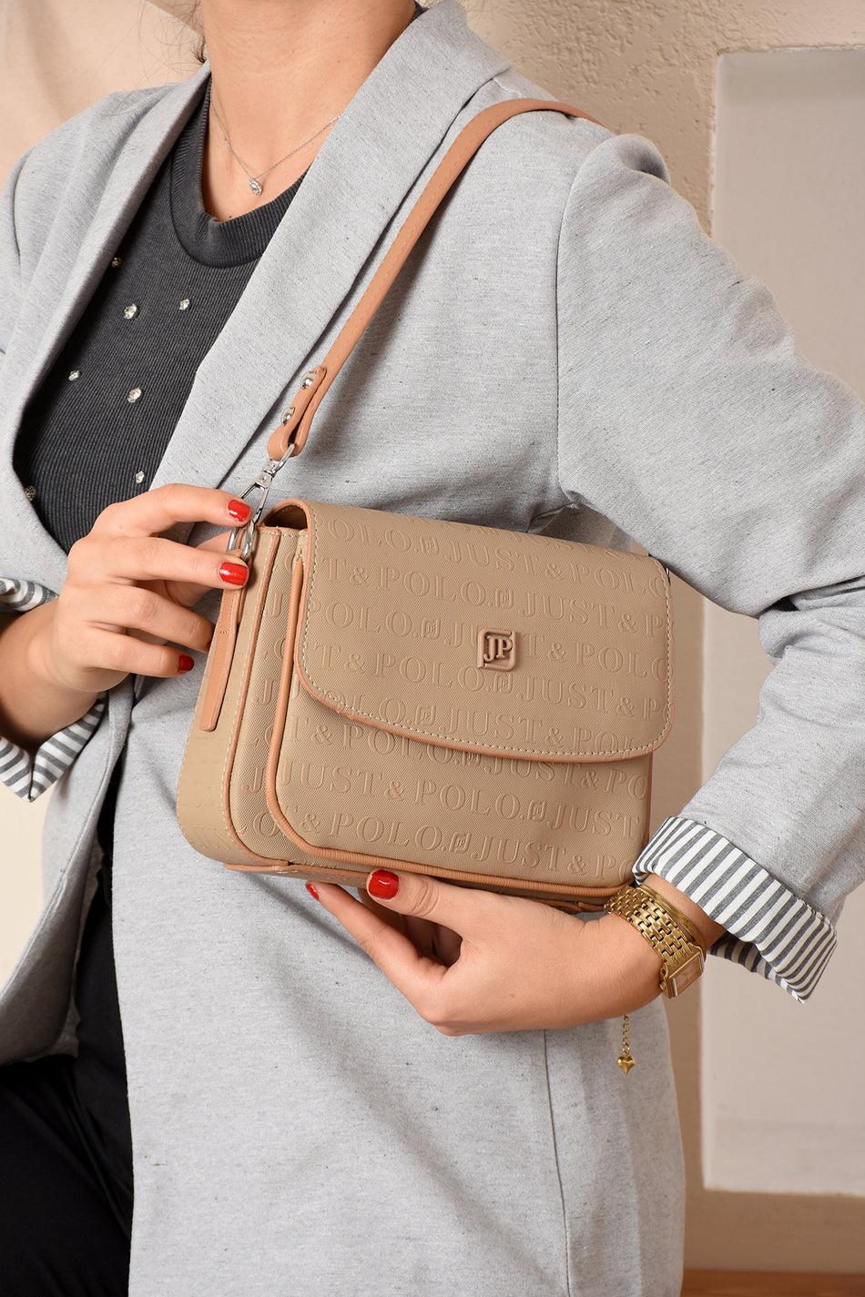 Just Polo Women's Flap Shoulder Bag JPM4041 Sand - MALLTURK