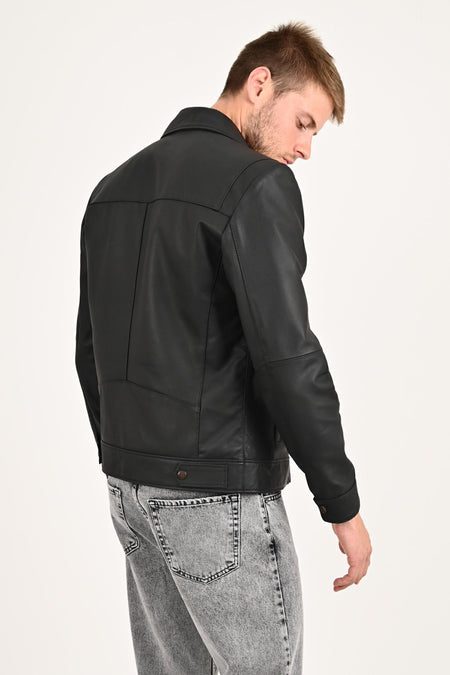 ALIN Leo Men's Genuine Leather Casual Jacket Black - MALLTURK