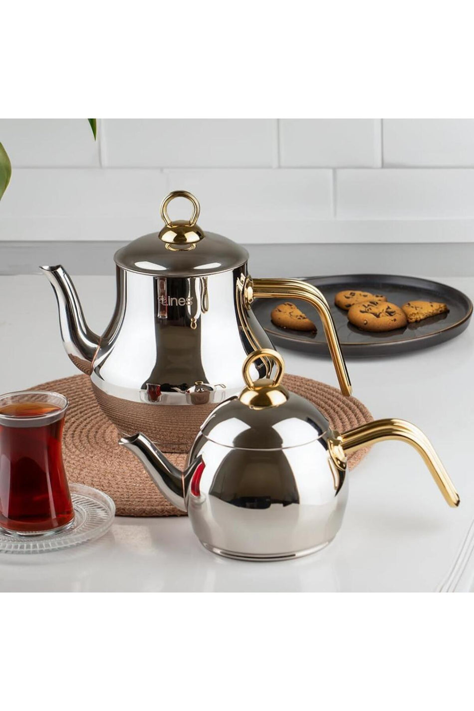 Lines Yonca sahmeran Medium Size 3 No. Steel Teapot with Gold Metal Handle - MALLTURK