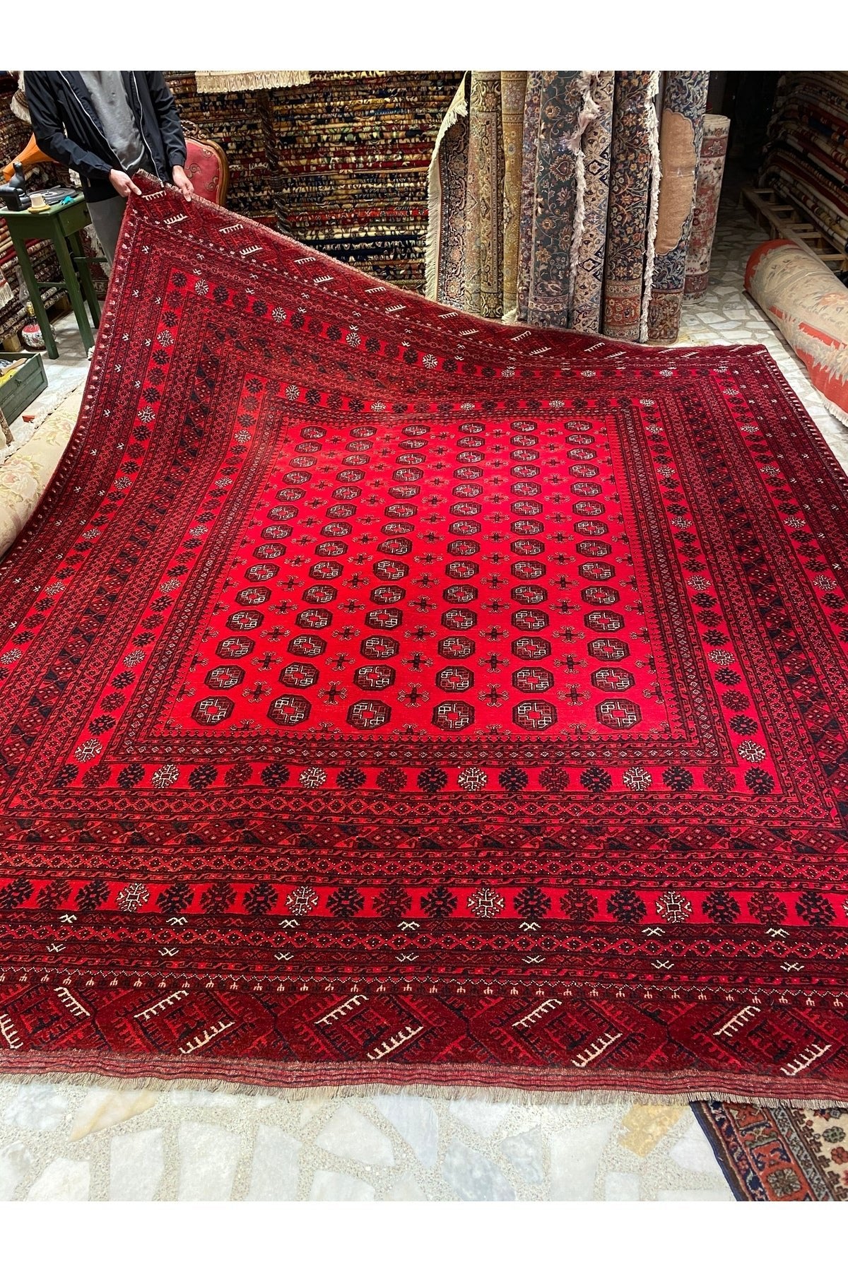 RD RAMAZAN DAG Hand Rug Art Hand-Woven Iranian Buhara Rug Cotton Base Wool Weave Olup Natural Dye Size 365x315 - MALLTURK
