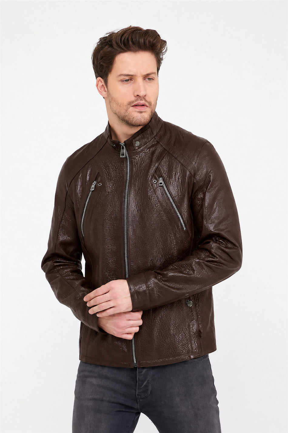 Veste de motard en cuir couleur café Leather Club
