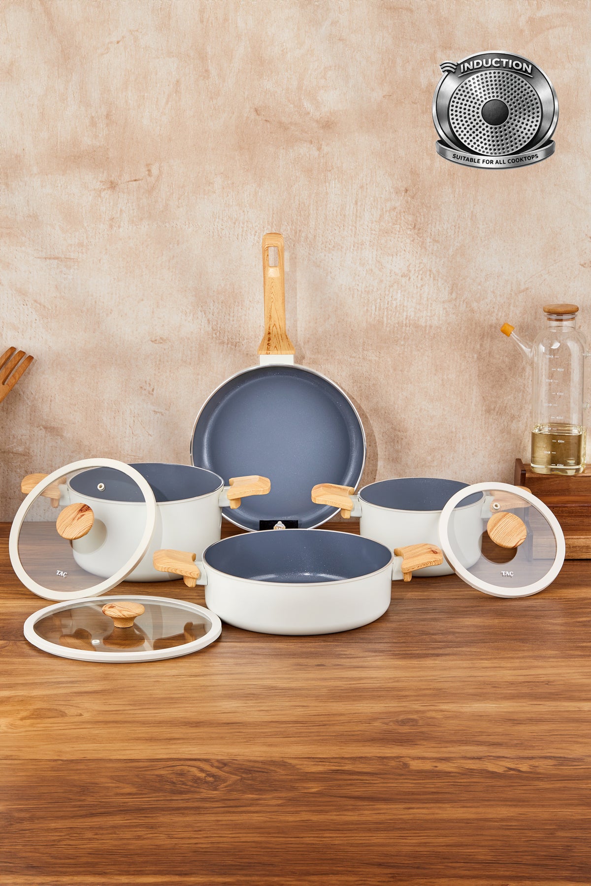 Tac Sera Feel Induction Compatible 7 Piece Ceramic Cookware Set Ahsap Kulplu, Nonstick, Modern Tasarim - MALLTURK