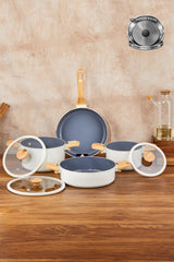Tac Sera Feel Induction Compatible 7 Piece Ceramic Cookware Set Ahsap Kulplu, Nonstick, Modern Tasarim - MALLTURK