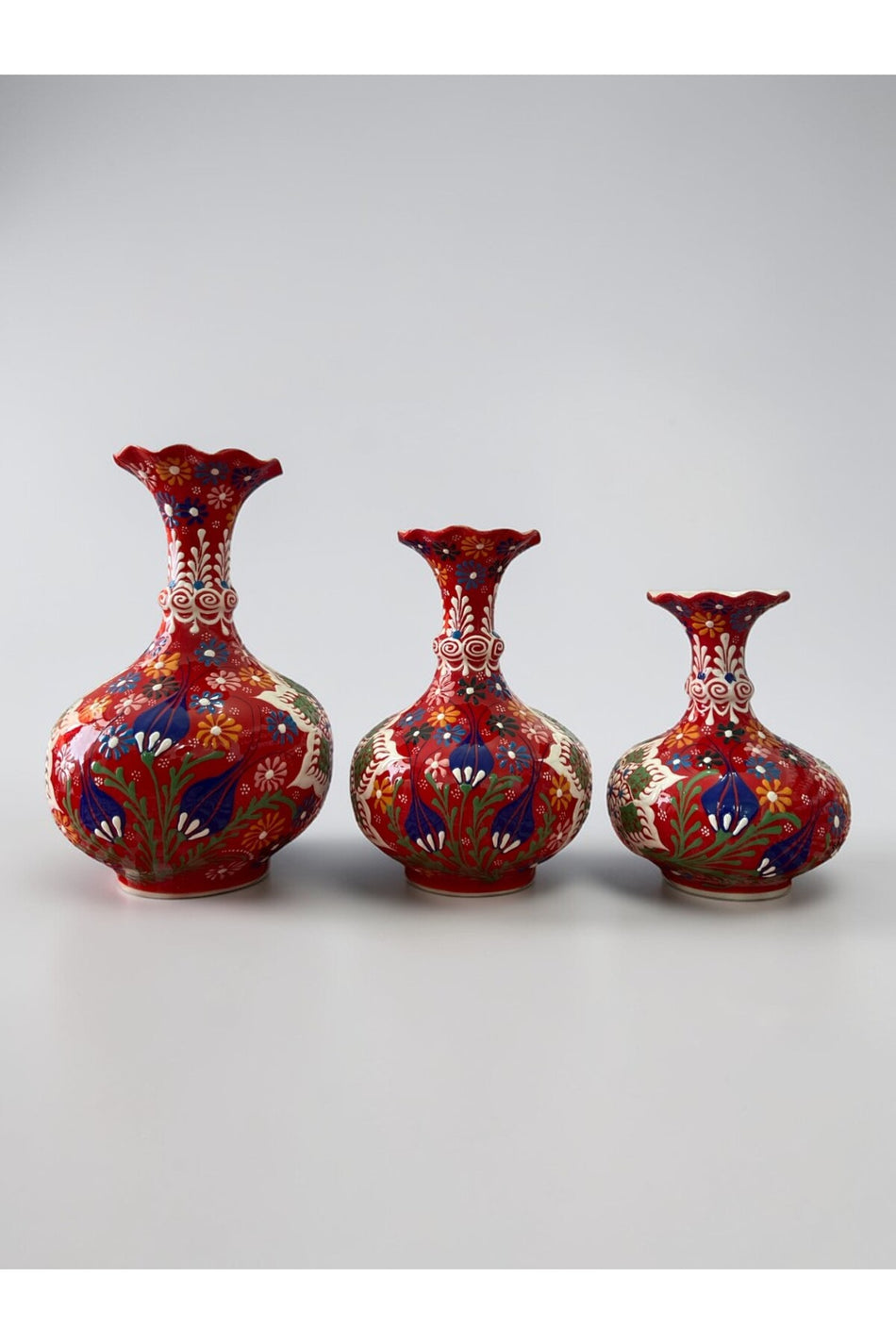 YOOS Handmade Embossed and Lace Work Red Triple Tiara Lettuce Vase Set (30-25-20)cm - MALLTURK