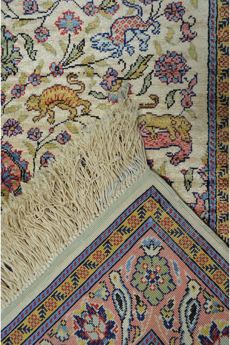 Handmade Pure Silk Hand-Woven Cream and Pink Color Kayseri Rug Runner 82x200 cm (1.64 m2)
