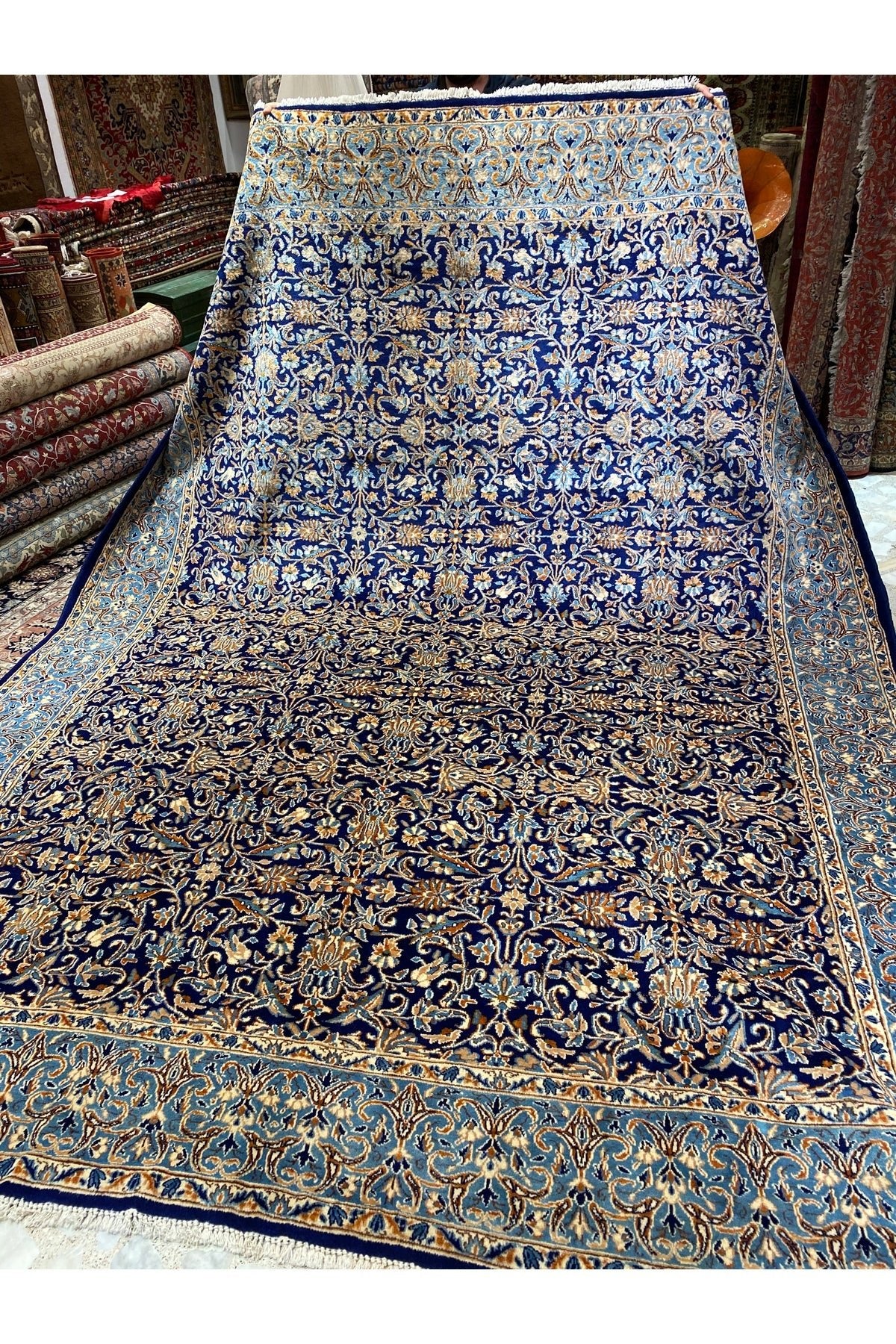 RD RAMAZAN DAG Hand Rug Art Hand-Woven Iranian Kirman Rug Cotton Base Wool Weave Olup Natural Dye Size 355x267 - MALLTURK