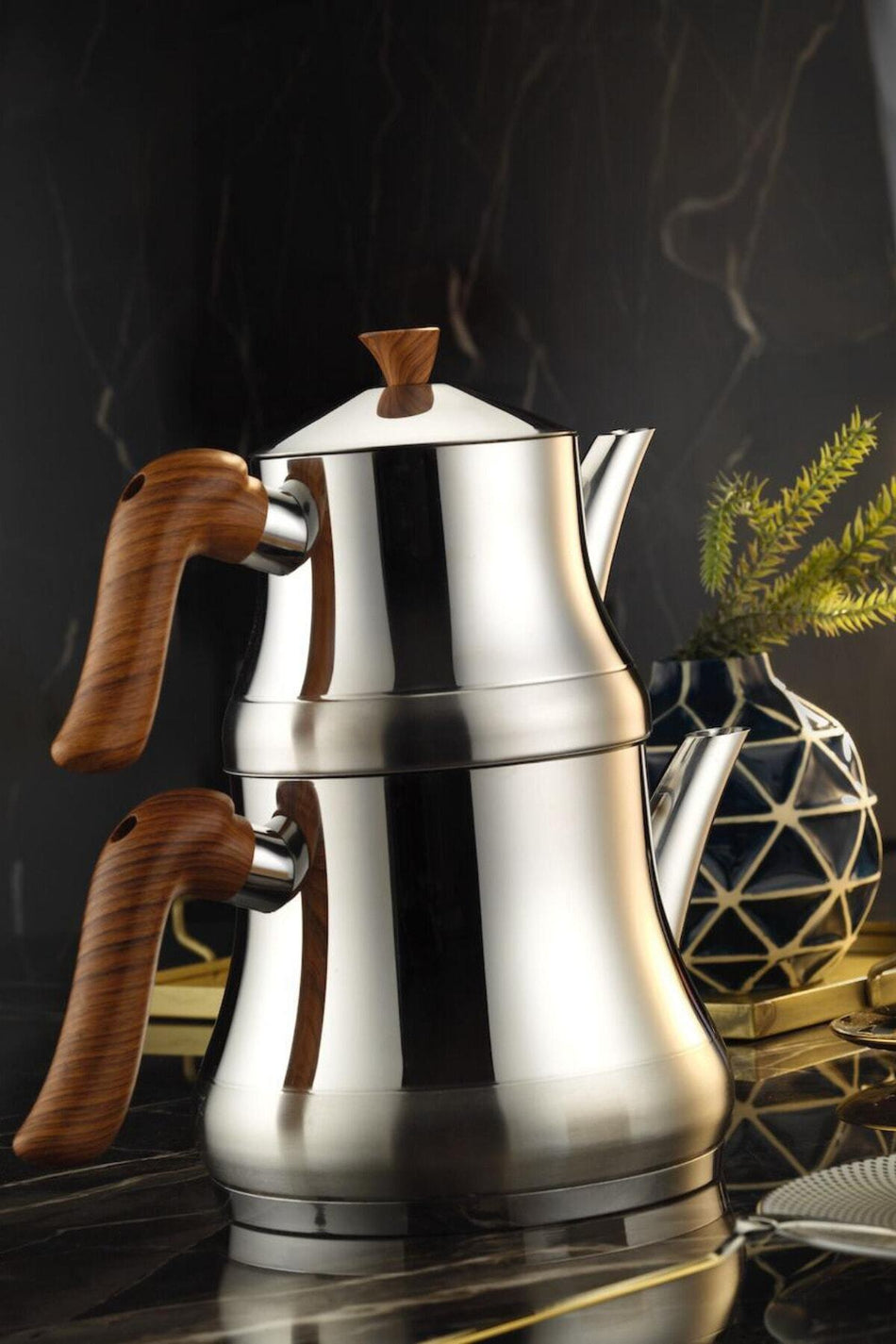 Lines Naz Stainless Steel Teapot with Wooden Handles, Family Size - MALLTURK