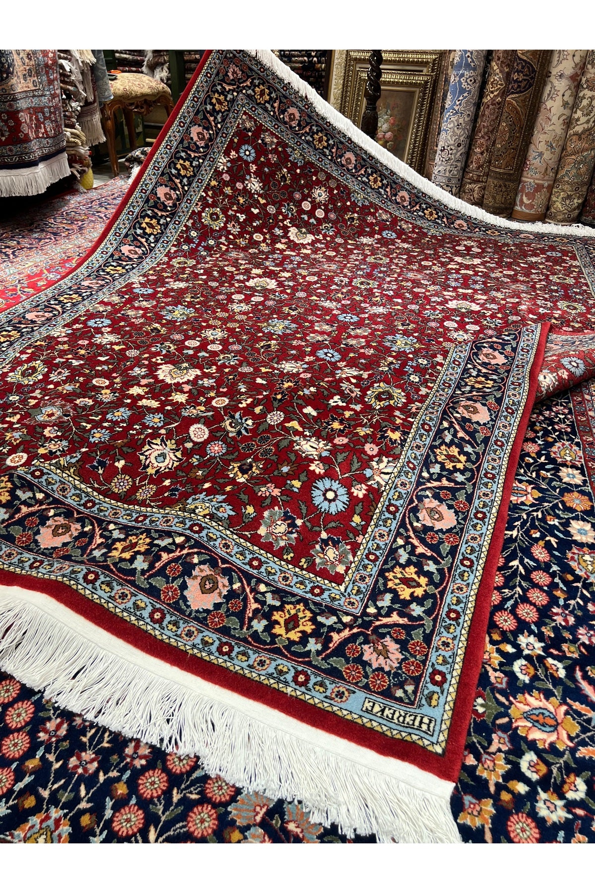 RD RAMAZAN DAG Hand Rug Art Hand-Woven Hereke Rug Signed Wildflower Design Size 305x201 - MALLTURK