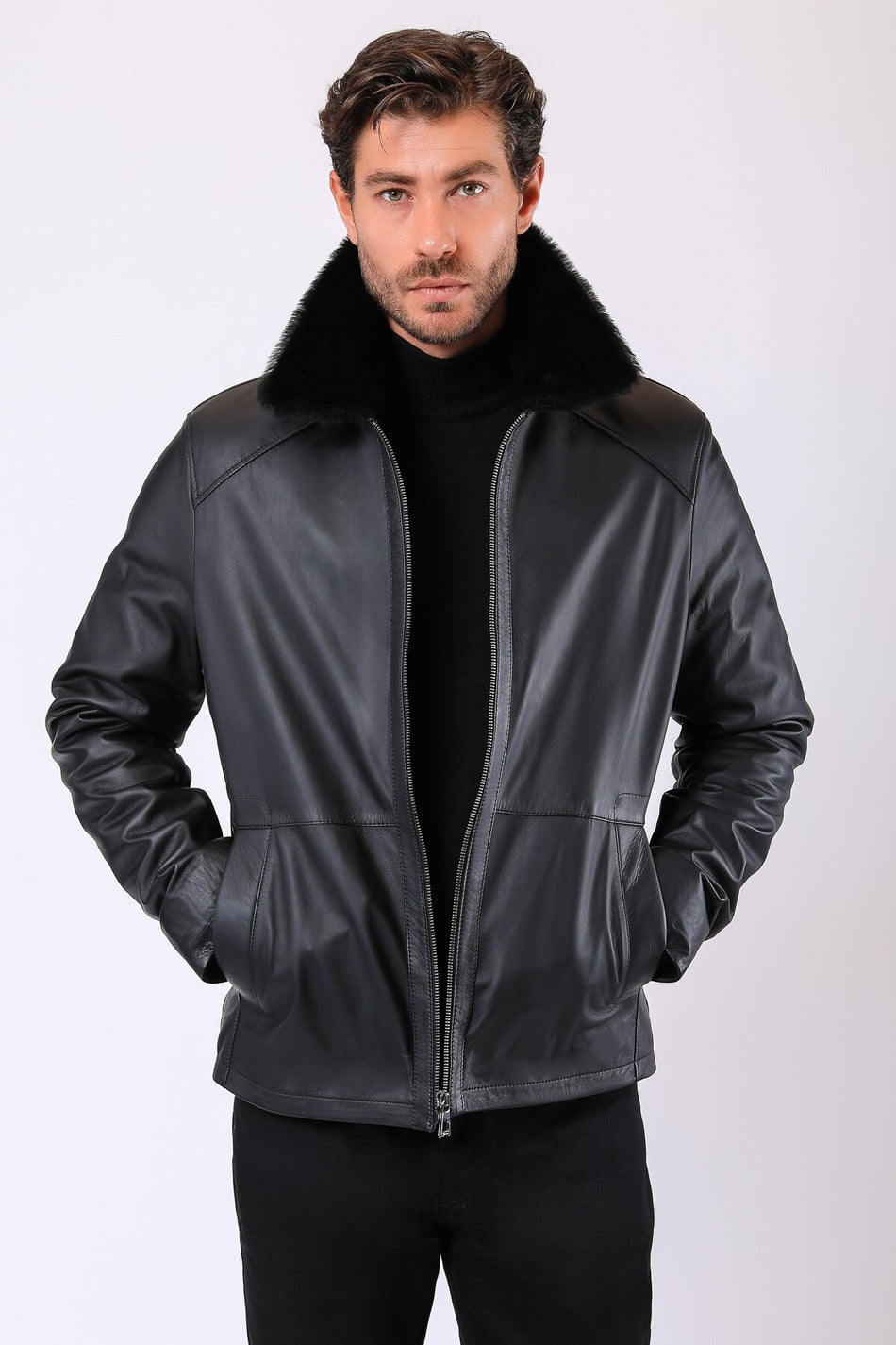 Leather Club jas van echt leer met zwarte bontrand