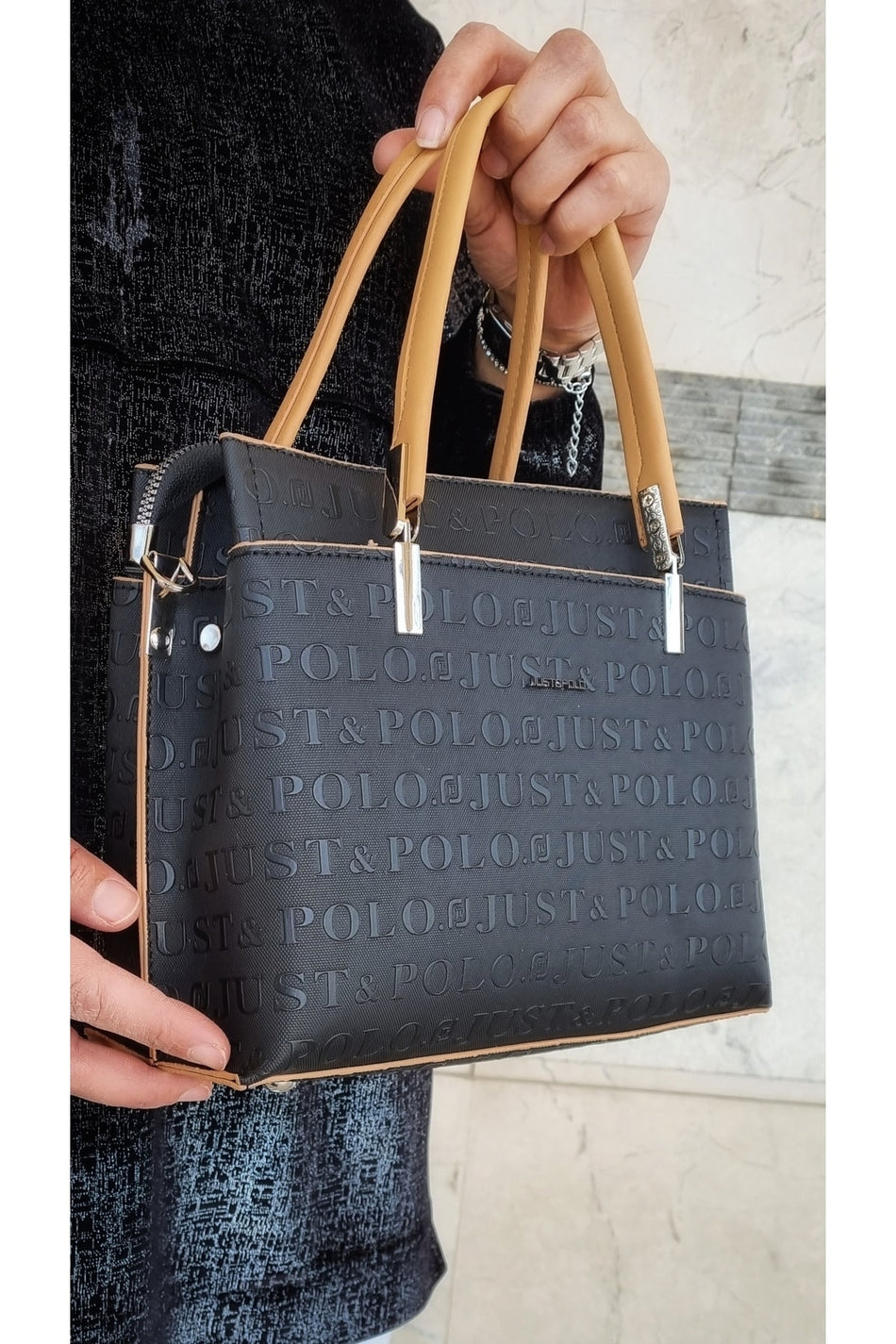 Just Polo Women's Black Camel 5-Compartment Embossed Hand and Shoulder Bag JPM4045 Black Camel - MALLTURK